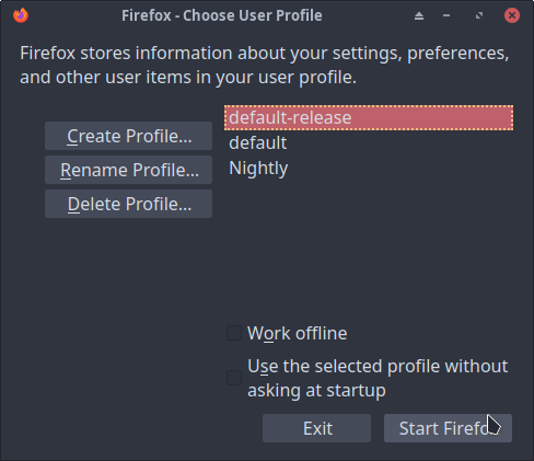 Firefox profile manager window